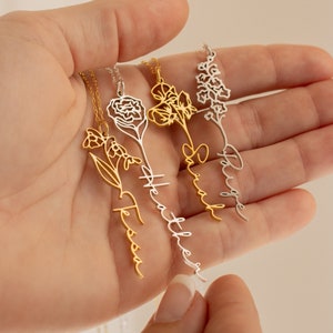 Minimalist flower name pendant necklace with thin chain, layered gold and silver charms