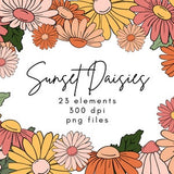 Daisy Clipart, Retro Clipart, Boho Clipart Flowers, Hippie Clipart, Groovy Clipart, Summer Clipart Daisies, 60s Clipart, Spring Clipart Png