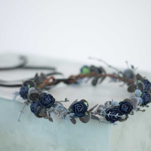 Navy blue flower crown headband with small roses and eucalyptus leaves