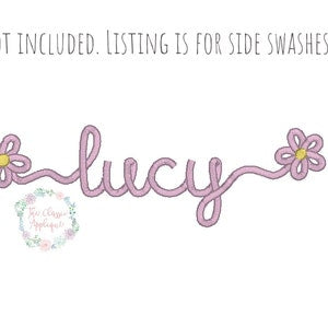 Spring-themed satin swash embroidery design with floral accents and cursive 'Lucy'