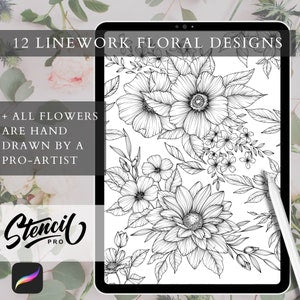 Floral linework tattoo stencil page with detailed flower and leaf brush strokes
