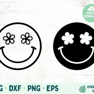 Smiley face SVG designs with flower eyes, outlined and solid black versions