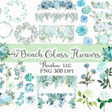 47 Beach Glass Flowers PNG, Watercolor Floral Clipart Bundle Includes Bouquets, Wreaths, Drops and Elements, Small Commercial Use