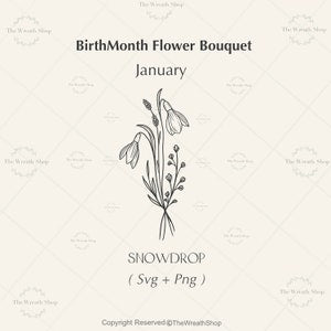 January snowdrop flower bouquet SVG with delicate line-art stems and leaves