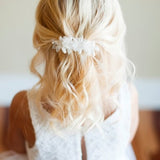 The Wood Anemone: Flower Girl Hair clip in in ivory and white with a rustic look and slight fray to the leaves