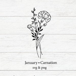 Carnation flower bouquet SVG/PNG with January label and fine line art