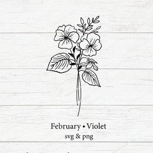 February violet flower bouquet SVG and PNG with line-drawn blooms and leaves