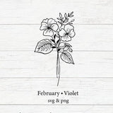 February violet flower bouquet SVG and PNG with line-drawn blooms and leaves