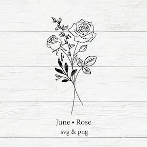 Rose SVG line art with stem and leaves, June + Rose svg + png text