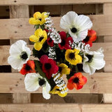 Crematorium or Graveside Memorial Grave Pot, Artificial Anemone Arrangement in Plastic Rose Bowl Style, 2 Colours: Red/Pink or Orange/Yellow
