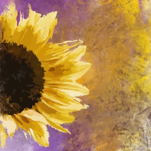 Abstract sunflower canvas wall art print with yellow petals and dark center on purple background