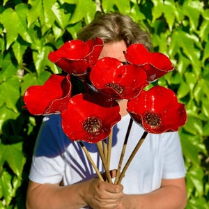 Handmade ceramic poppy garden stake set with red flowers