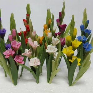 Miniature gladioli flower bunch for dolls house, multicolor blossoms and green stems