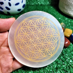 Round selenite plate with golden Flower of Life symbol, for charging and display