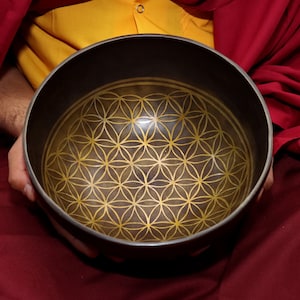 10-inch Tibetan singing bowl with gold Flower of Life engraving, dark bronze finish