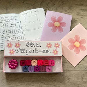 Flower girl crayon gift card with 'Flower Girl' text and pink flower graphic
