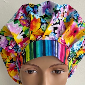 Floral bouffant scrub hat with multicolor spring flower print