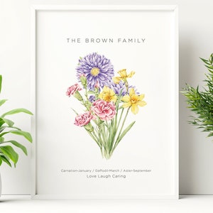 Framed birth flower bouquet print with colorful illustrated blooms on light background
