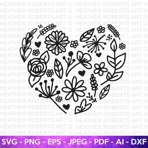 Floral heart SVG cut file with black wildflower and leaf line art