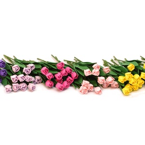 Miniature tulip flower set with green stems and mixed pink, yellow, and purple blooms