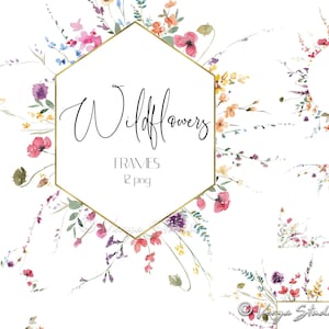 Watercolor wildflower frame clipart with hexagon gold border and scattered blooms