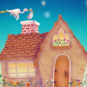 Greeting card with envelope, illustrated house and flowers with striped roof