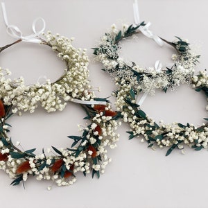 Real dried floral head crown with white baby’s breath, green eucalyptus leaves, small red accents