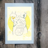Nursery wall art print with mother breastfeeding a newborn, yellow line illustration