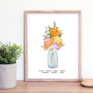 Framed birth flower digital print with colorful bouquet in a clear glass vase