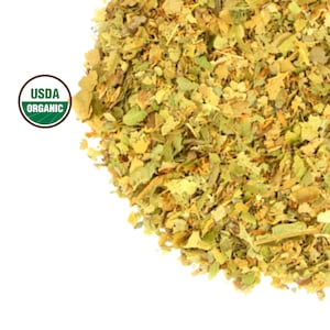 Organic dried linden flower and leaf tea, loose yellow-green herb pieces