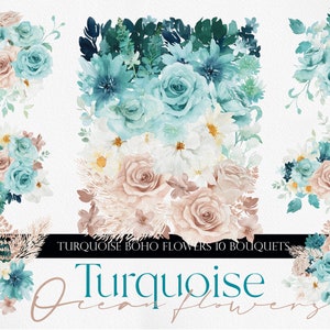 Watercolor flower bouquet graphic with turquoise, mint, teal blooms and “Turquoise” text