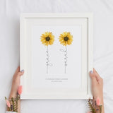 Framed friendship print with two yellow flowers and matching cursive names, white mat