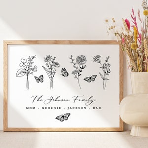 Framed birth flower wall art print with black line flowers, butterflies, and family name text