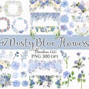 Dusty blue watercolor floral clipart bundle with wreaths, borders, bouquets, and leaves