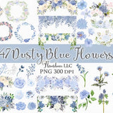 Dusty Blue Floral Clipart, Flower Watercolor PNG Clipart Bundle of 47, Includes Bouquets, Wreaths, Drops and Elements, Small Commercial Use