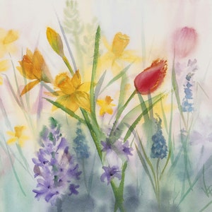 Watercolor spring flowers painting with loose pastel blooms and stems
