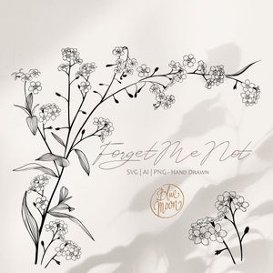 Hand-drawn forget-me-not flower line art floral bouquet illustration for digital download