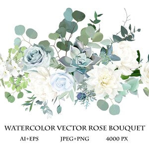 Pastel rose bouquet vector floral design with eucalyptus greenery and blue-white blooms