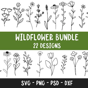 Wildflower SVG bundle with 22 floral line-art designs, black-and-white