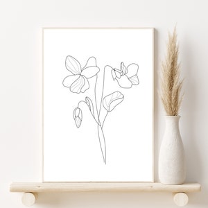 Framed violet line art botanical print with single-stroke flowers, minimal design.