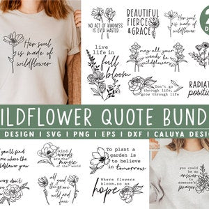 Botanical wildflower quote SVG bundle with line-art flowers and handwritten-style sayings
