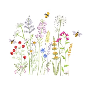 Wildflower machine embroidery pattern with mixed flowers, bees, and butterflies