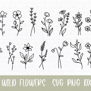Wild flowers line art bundle with black outline flowers and leaves, for SVG/PNG/DXF
