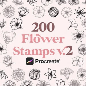 Flower stamp set with black-and-white botanical line art icons for Procreate