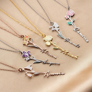 Dainty name necklace with birth-flower charm, cursive pendant on gold, silver and rose-gold chains
