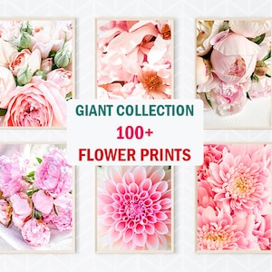 Set of 100+ flower wall art prints featuring pink peonies, roses, and dahlias