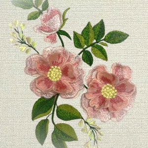Floral machine embroidery design with 3D rose blossoms, rosehips, and green leaves