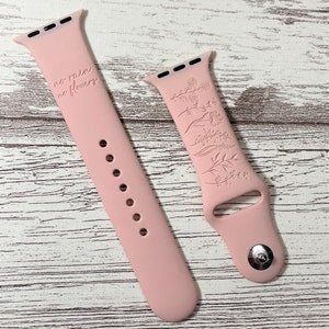 Pink silicone engraved watch band with metal buckle, compatible with Apple Watch