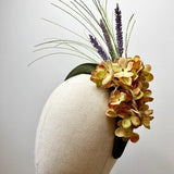 Beautiful Green Velvet Headband, Rust Coloured Hydrangea Petals, Lavender & Green Foliage | Wedding Races KittyMay.online