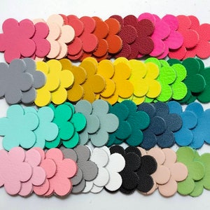 Mixed-color leather flower die-cuts with overlapping scalloped petals in pink, red, yellow, green